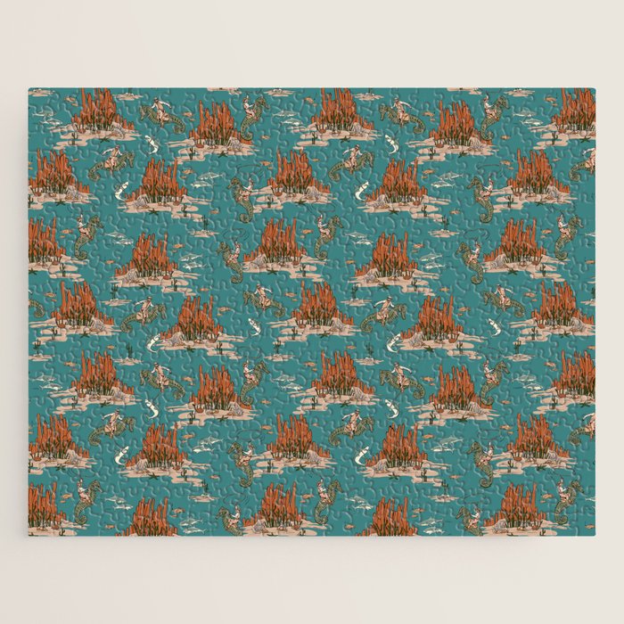 Quirky Western Cowboys on Seahorses Roping Sharks Jigsaw Puzzle Gallery Image 1
