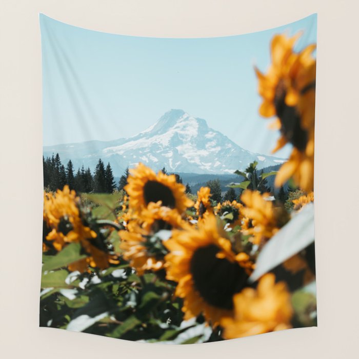 Mt. Hood Sunflower Field Wall Tapestry Gallery Image 1