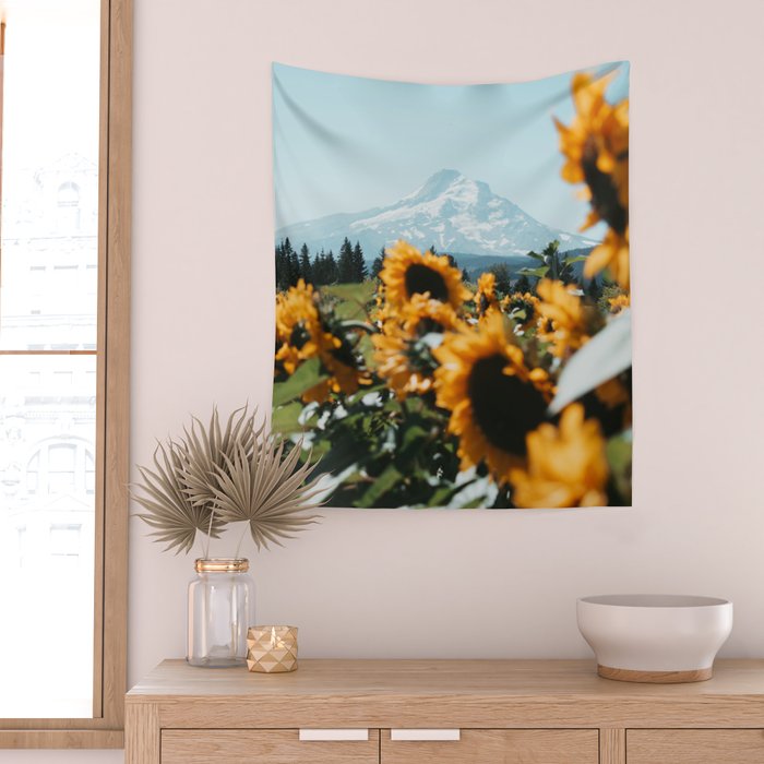 Mt. Hood Sunflower Field Wall Tapestry Gallery Image 2