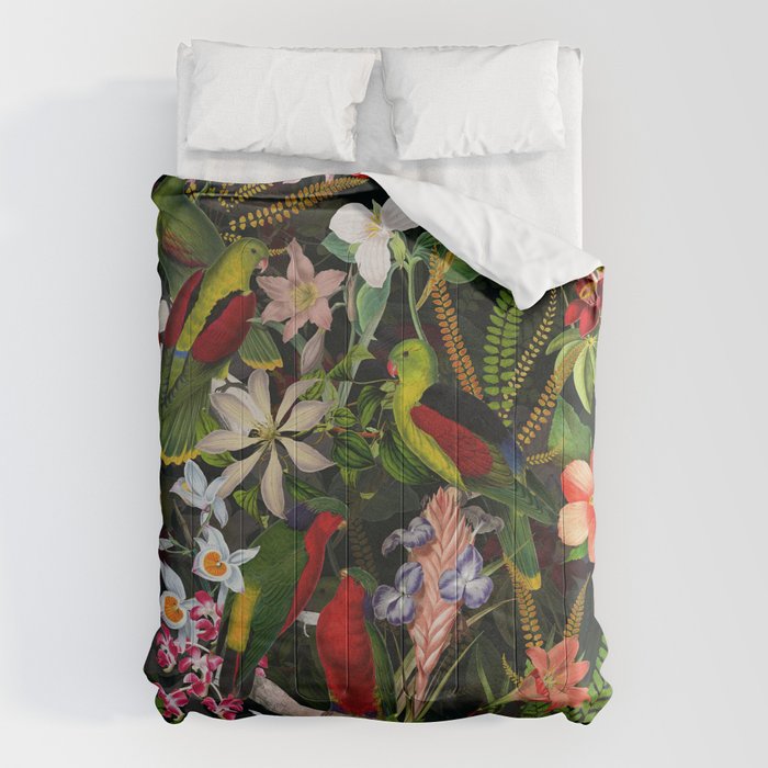 Vintage & Shabby Chic - Black Tropical Parrot Night Garden Comforter Gallery Image 1