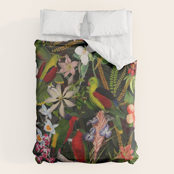 Vintage & Shabby Chic - Black Tropical Parrot Night Garden Duvet Cover Gallery Image 6