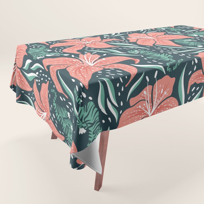 Tigers & Tiger Lilies - Teal & Rose Tablecloth Gallery Image 1