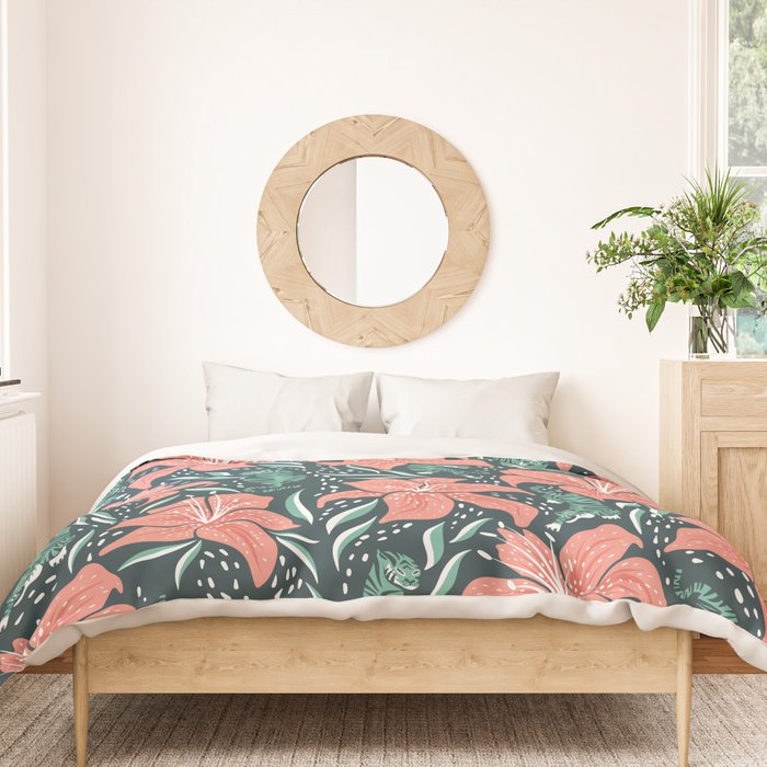Tigers & Tiger Lilies - Teal & Rose Duvet Cover Gallery Image 3