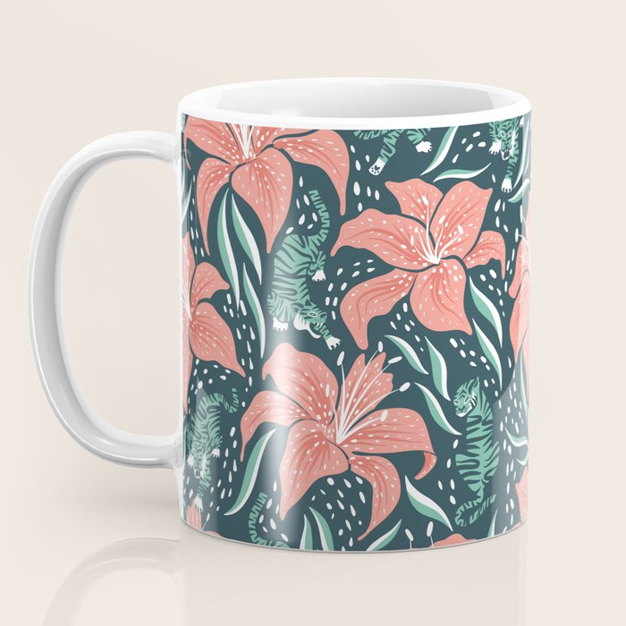 Tigers & Tiger Lilies - Teal & Rose Coffee Mug Gallery Image 3