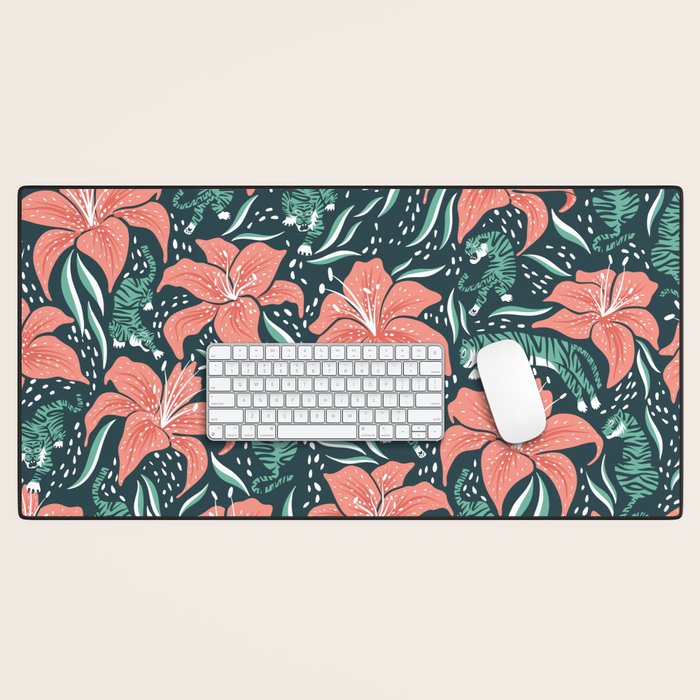 Tigers & Tiger Lilies - Teal & Rose Desk Mat Gallery Image 1