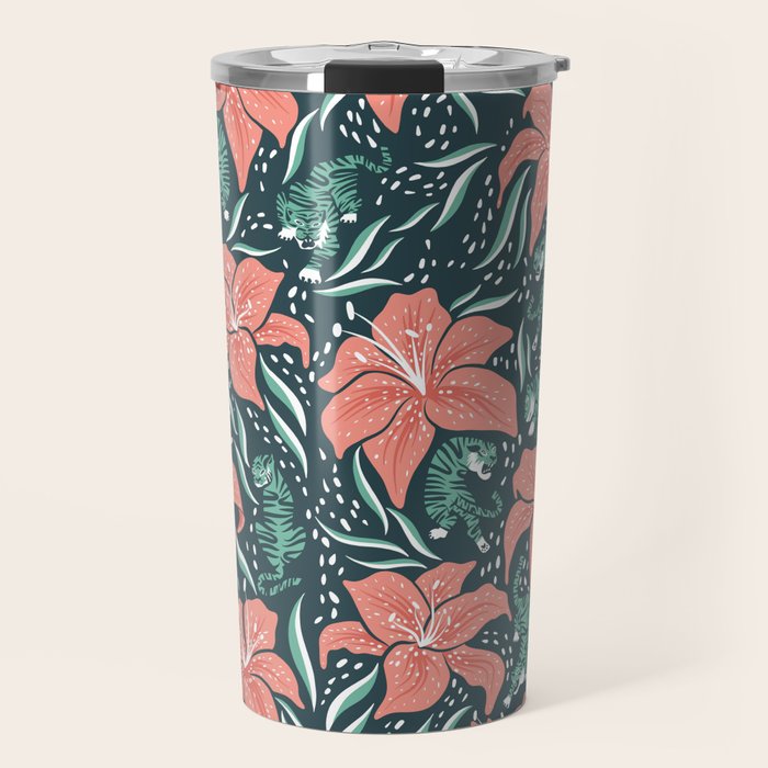 Tigers & Tiger Lilies - Teal & Rose Travel Mug Gallery Image 1