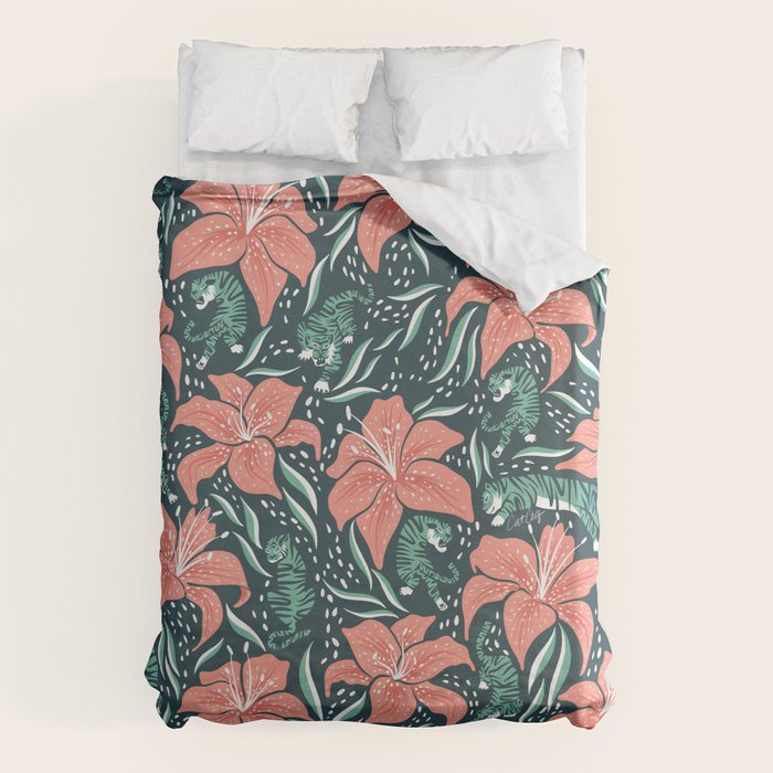 Tigers & Tiger Lilies - Teal & Rose Duvet Cover Gallery Image 1