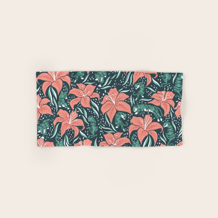 Tigers & Tiger Lilies - Teal & Rose Bath Towel Gallery Image 1