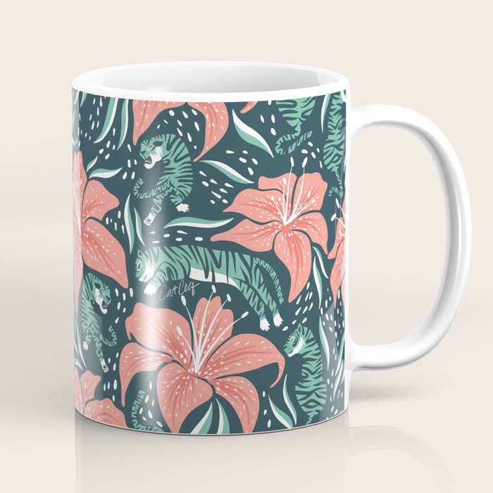 Tigers & Tiger Lilies - Teal & Rose Coffee Mug Gallery Image 1