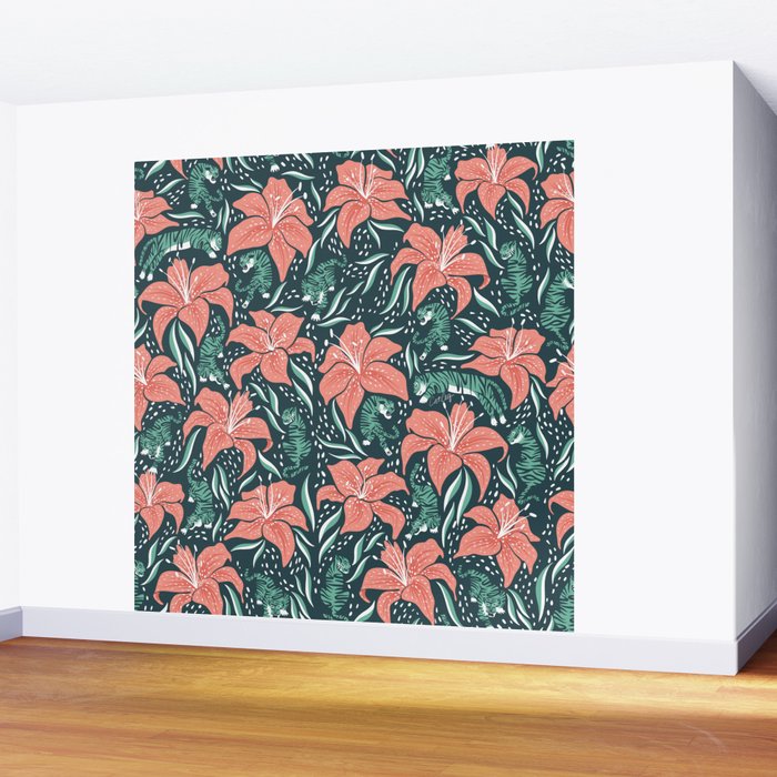 Tigers & Tiger Lilies - Teal & Rose Wall Mural Gallery Image 2