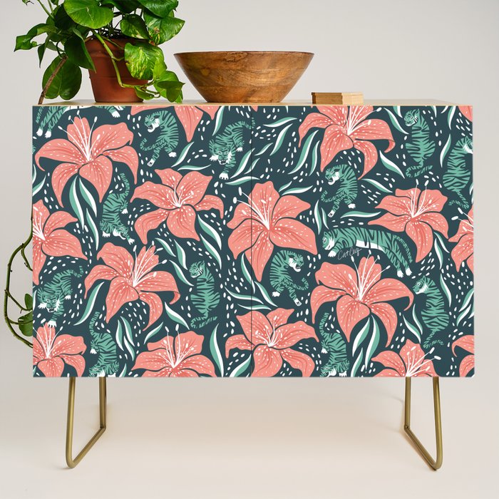 Tigers & Tiger Lilies - Teal & Rose Credenza Gallery Image 1