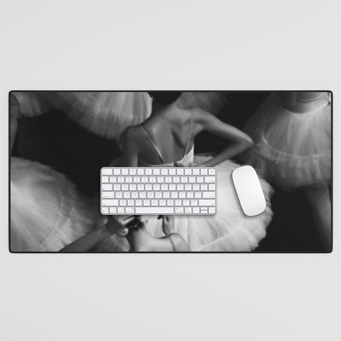 Ballerinas getting ready for the big performance black and white photograph - photographs Desk Mat Gallery Image 1