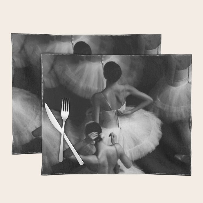 Ballerinas getting ready for the big performance black and white photograph - photographs Placemat Gallery Image 1