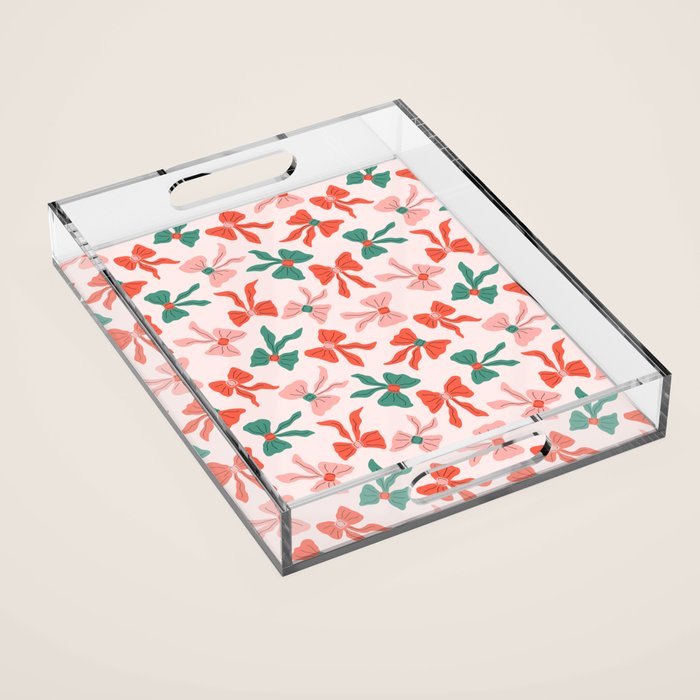 Playful Scattered Coquette Bows Festive Green Red and Pink Acrylic Tray Gallery Image 1