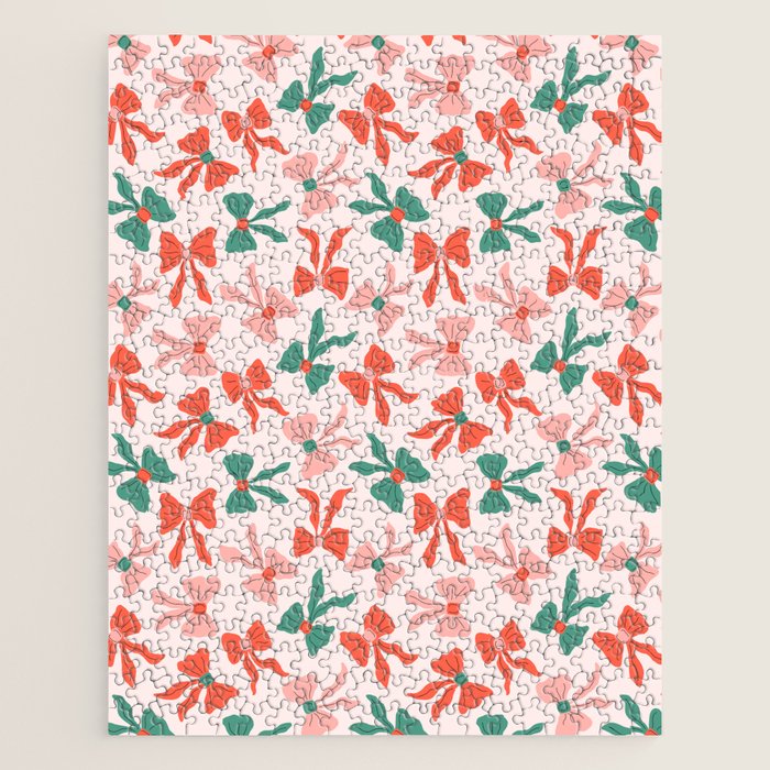 Playful Scattered Coquette Bows Festive Green Red and Pink Jigsaw Puzzle Gallery Image 1