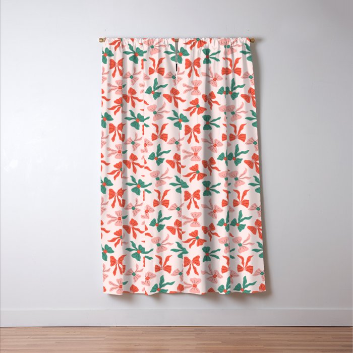 Playful Scattered Coquette Bows Festive Green Red and Pink Window Curtain Gallery Image 3