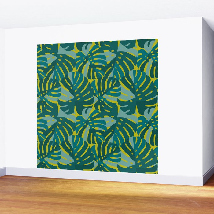 Monstera Leaves in Teal Wall Mural Gallery Image 2