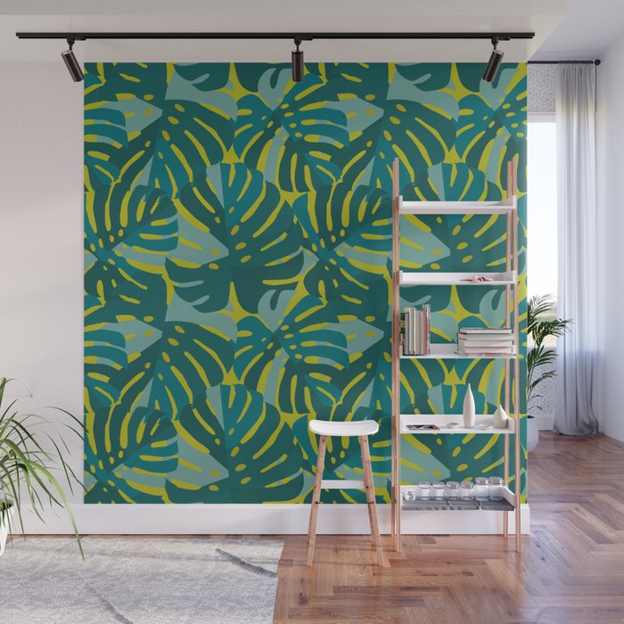 Monstera Leaves in Teal Wall Mural Gallery Image 1