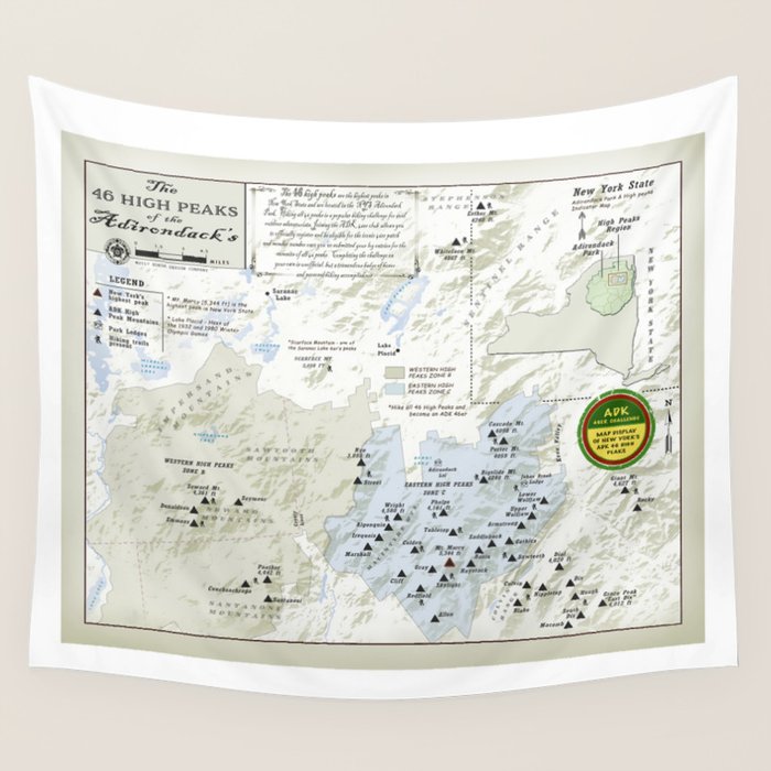New York's ADK 46er challenge (patch inspired) area map Wall Tapestry Gallery Image 4