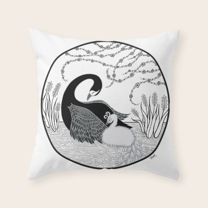 Black Swan and Moonlark Throw Pillow