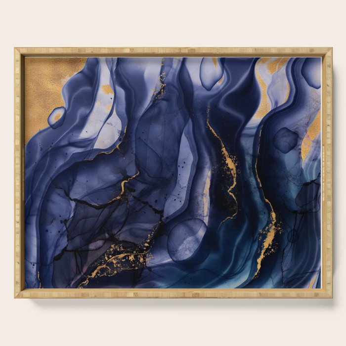 Midnight Dark Blue Marble Alcohol Ink Marble Art Flashes Serving Tray Gallery Image 1