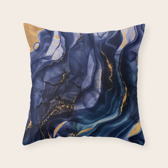 Midnight Dark Blue Marble Alcohol Ink Marble Art Flashes Throw Pillow Gallery Image 1