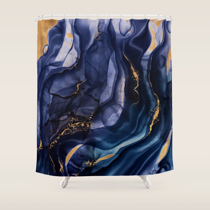 Midnight Dark Blue Marble Alcohol Ink Marble Art Flashes Shower Curtain Gallery Image 1