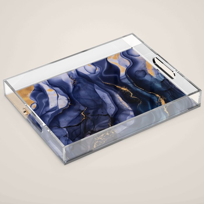 Midnight Dark Blue Marble Alcohol Ink Marble Art Flashes Acrylic Tray Gallery Image 1