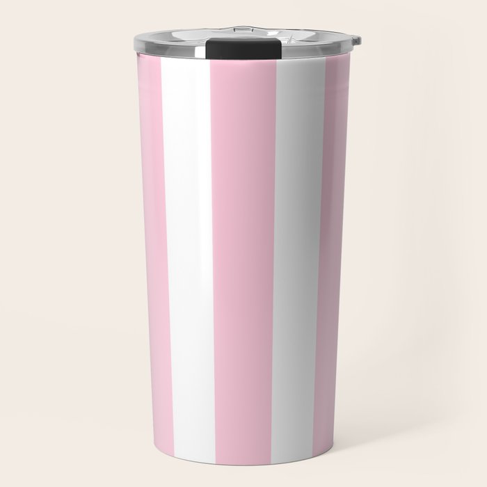 Pink & White Vertical Stripes Travel Mug Gallery Image 1
