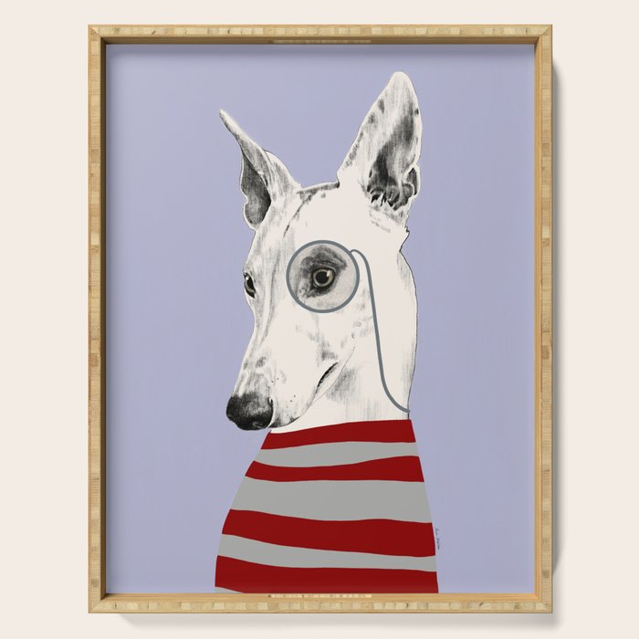 Portrait of a greyhound dog with a monocle Serving Tray Gallery Image 1
