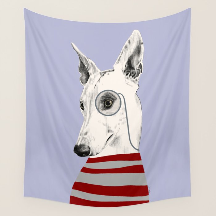 Portrait of a greyhound dog with a monocle Wall Tapestry Gallery Image 4