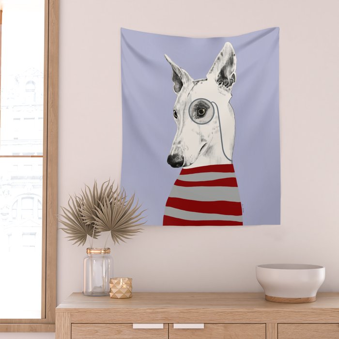 Portrait of a greyhound dog with a monocle Wall Tapestry Gallery Image 2