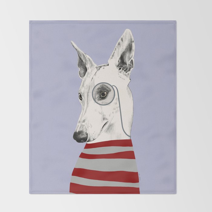 Portrait of a greyhound dog with a monocle Throw Blanket Gallery Image 2