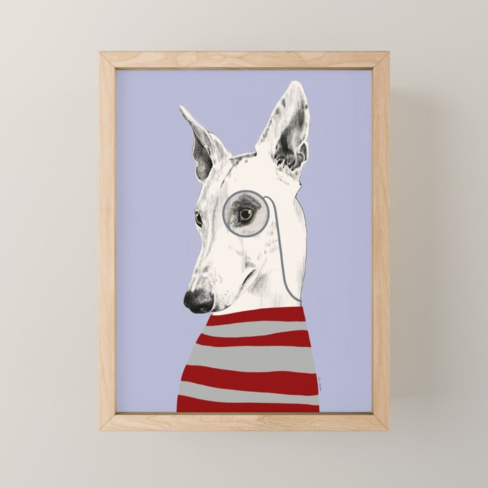 Portrait of a greyhound dog with a monocle Mini Art Print Gallery Image 1