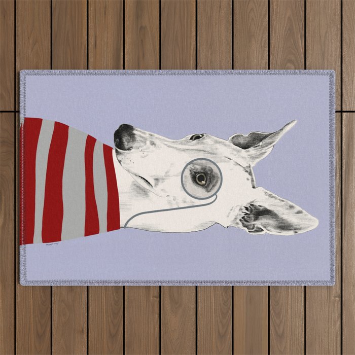 Portrait of a greyhound dog with a monocle Outdoor Rug Gallery Image 1