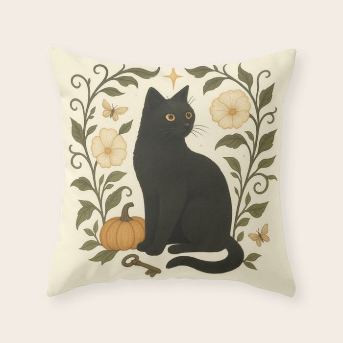 Black Cat Familiar - Autumn Witchy Cat with Pumpkin, Flowers, and Key Throw Pillow Gallery Image 6