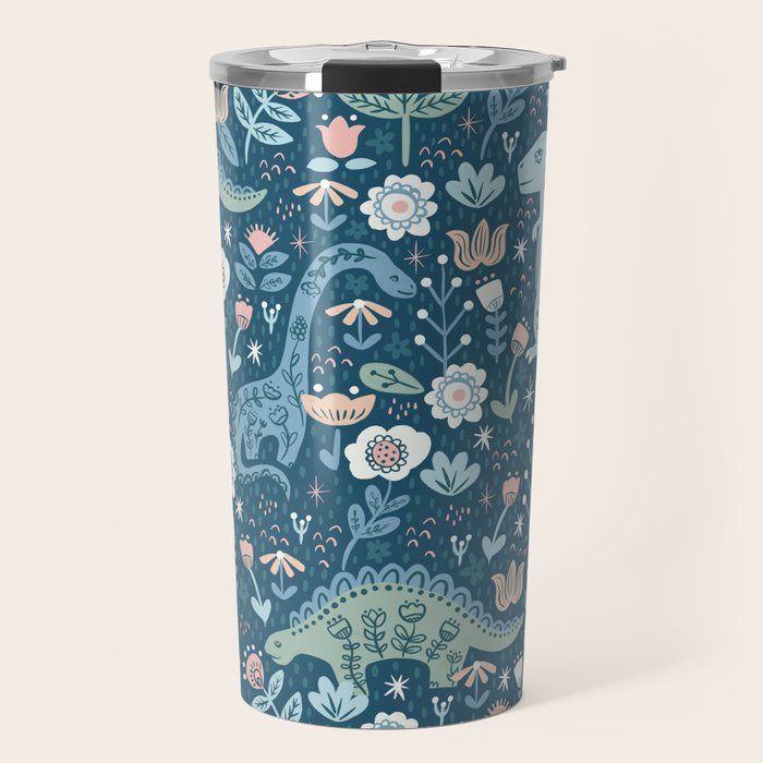 Folk Dinosaurs in Blue Travel Mug Gallery Image 1