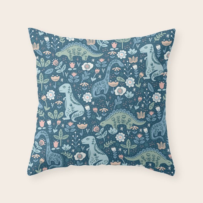Folk Dinosaurs in Blue Throw Pillow Gallery Image 1