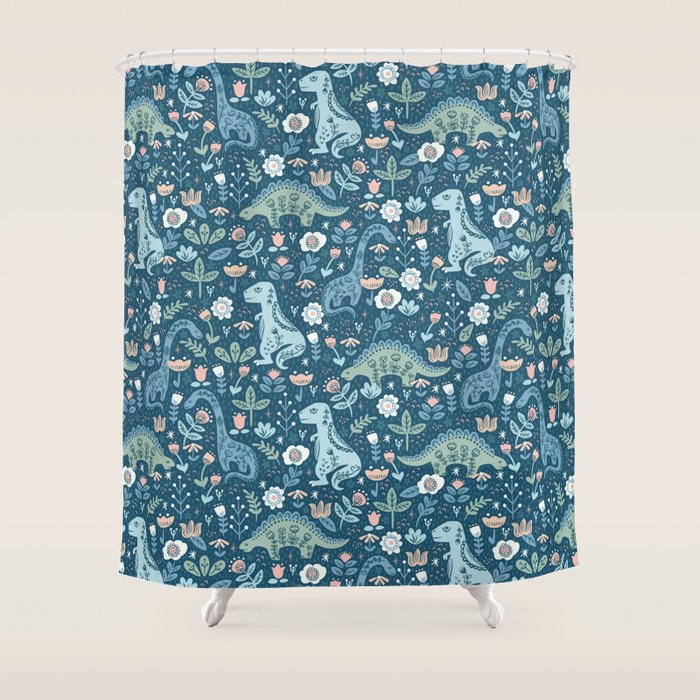 Folk Dinosaurs in Blue Shower Curtain Gallery Image 1