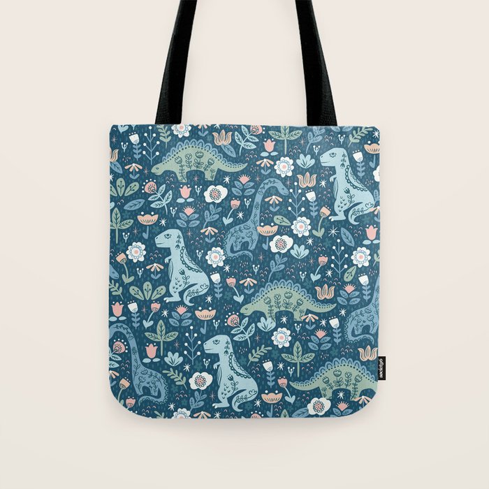 Folk Dinosaurs in Blue Tote Bag Gallery Image 1