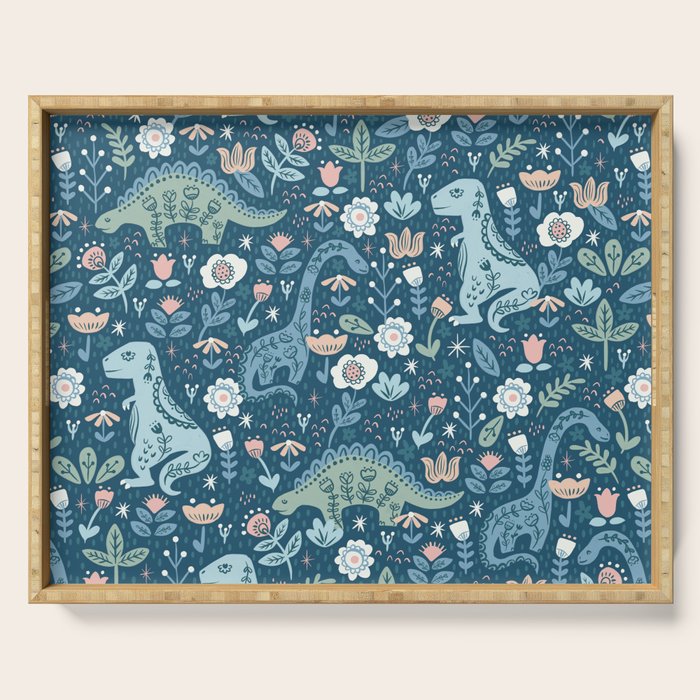 Folk Dinosaurs in Blue Serving Tray Gallery Image 1