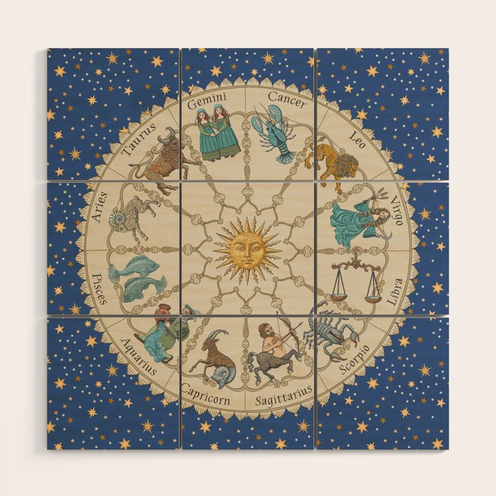 Vintage Astrology Zodiac Wheel Wood Wall Art