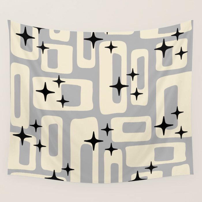 Retro Mid Century Modern Abstract Pattern 576 Gray Black Wall Tapestry Gallery Image 4