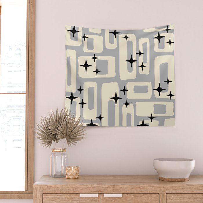 Retro Mid Century Modern Abstract Pattern 576 Gray Black Wall Tapestry Gallery Image 2
