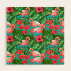 Flamingo birds and tropical garden          watercolor Wood Wall Art Gallery Image 1