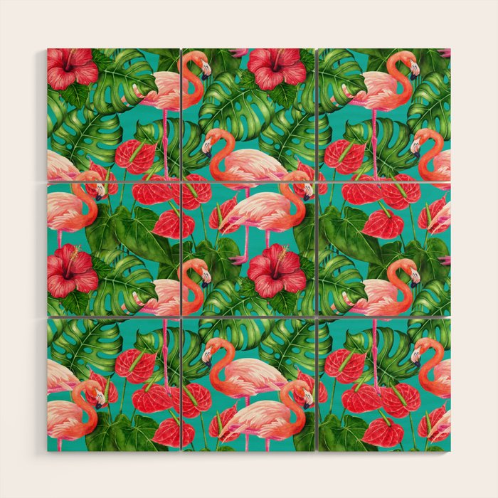 Flamingo birds and tropical garden          watercolor Wood Wall Art Gallery Image 1