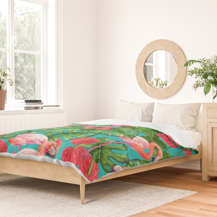 Flamingo birds and tropical garden          watercolor Duvet Cover Gallery Image 2