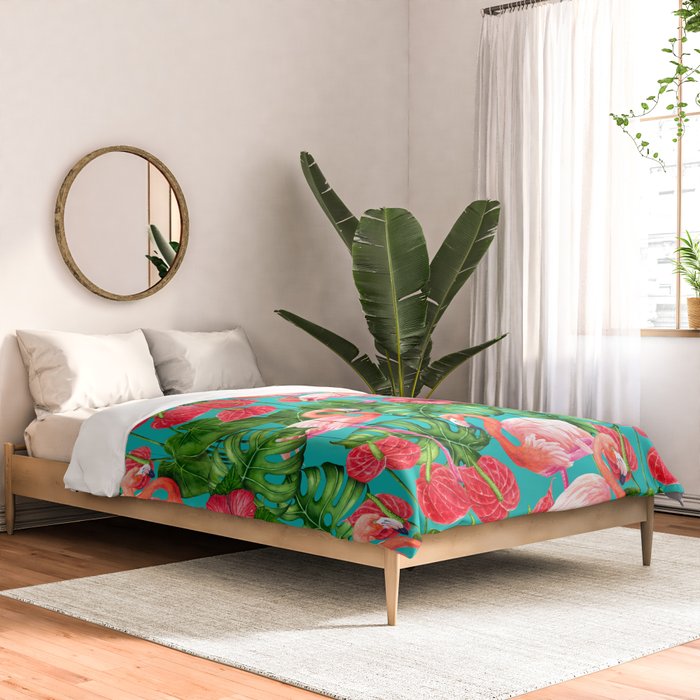 Flamingo birds and tropical garden          watercolor Comforter Gallery Image 2