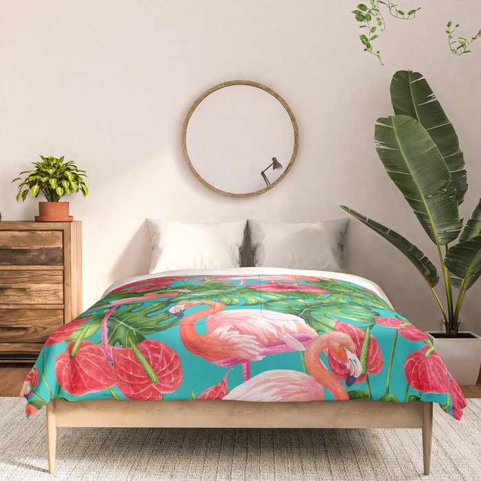 Flamingo birds and tropical garden          watercolor Comforter Gallery Image 3