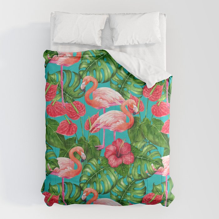 Flamingo birds and tropical garden          watercolor Comforter Gallery Image 6